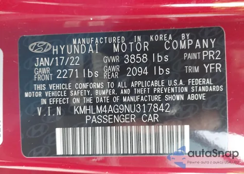 2022 Hyundai Elantra Sel z USA, uszkodzony, nr VIN KMHLM4AG9NU317842